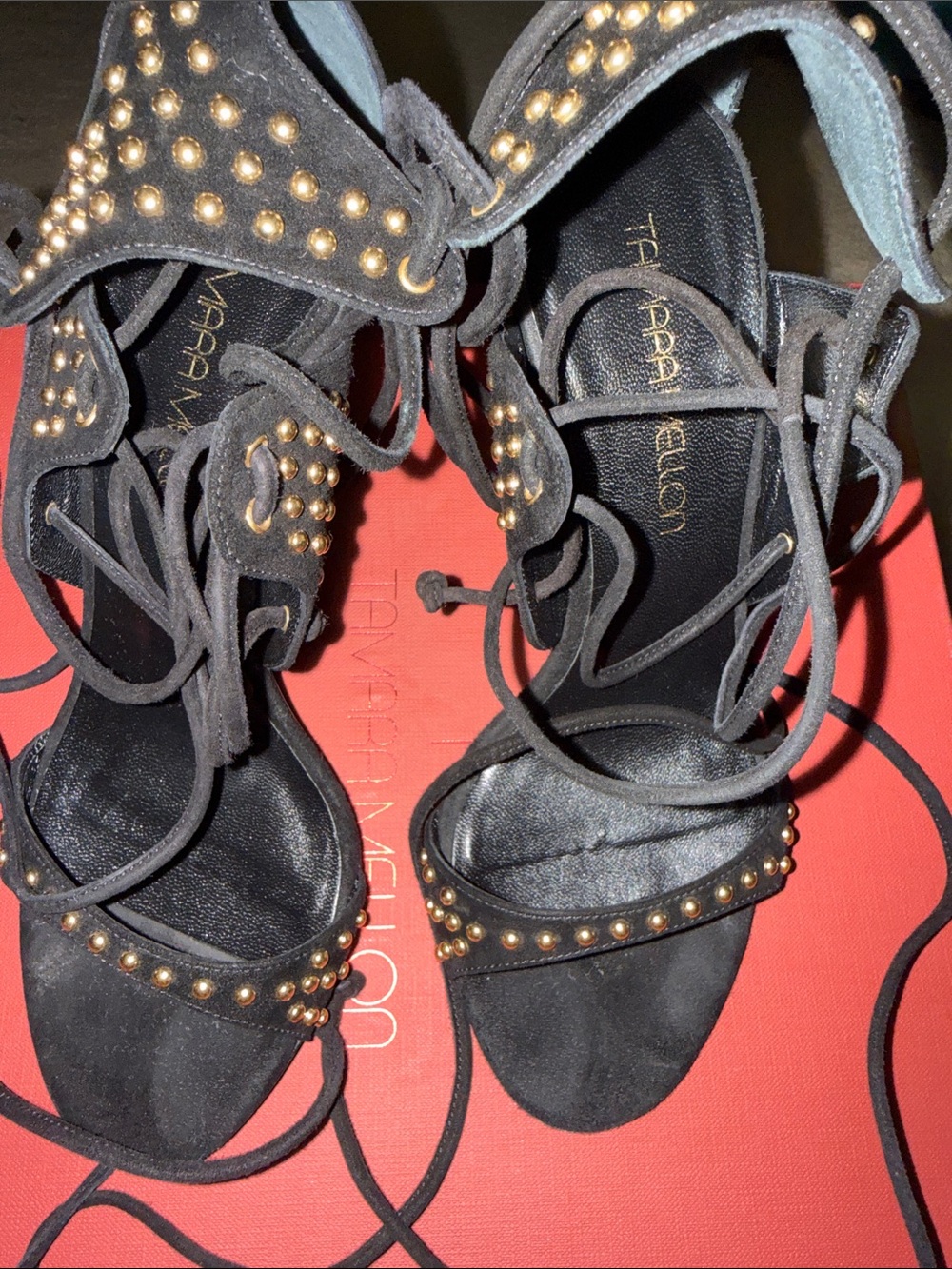 Tabitha Simmons Black Suede Lace-Up Heels with Gold Stud Detailing